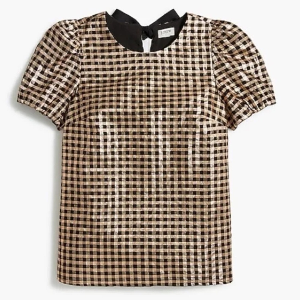 J. Crew Women’s Puff-Sleeve Blouse Metallic Thread-Gold and Black Checkered